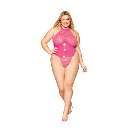 Dreamgirl Flocked Heart Stretch Mesh and Stretch Vinyl Halter Teddy Peony 2XL-0